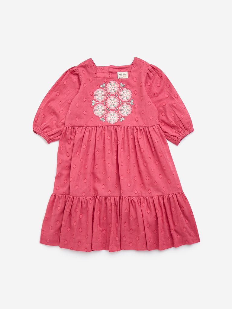 Utsa Kids Pink Embroidered Cotton-Blend A-Line Dress - (2-8yrs)