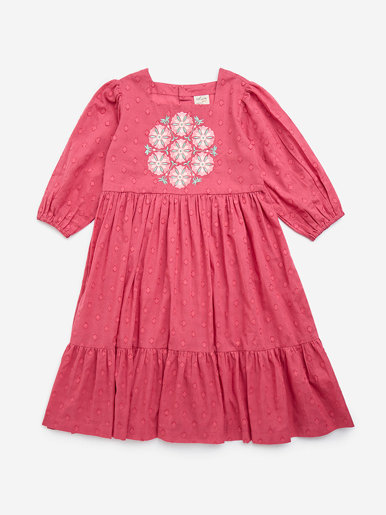 Utsa Kids Pink Embroidered Cotton-Blend A-Line Dress - (8-14yrs)