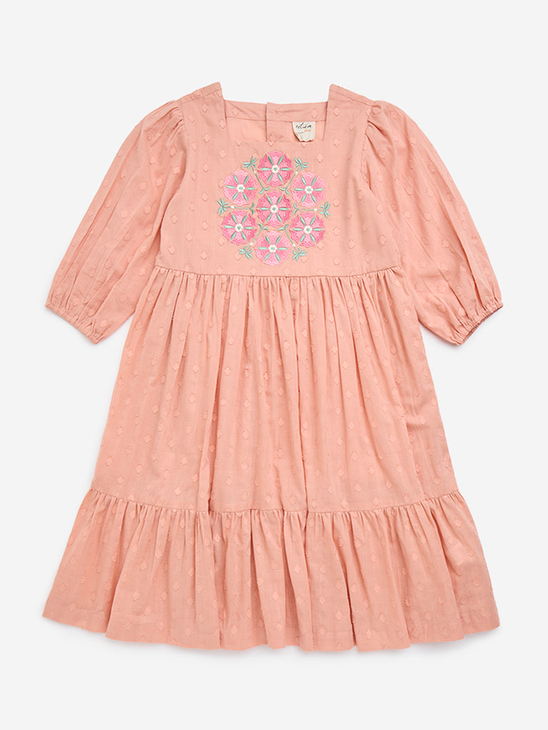 Utsa Kids Peach Embroidered Cotton-Blend A-Line Dress - (8-14yrs)