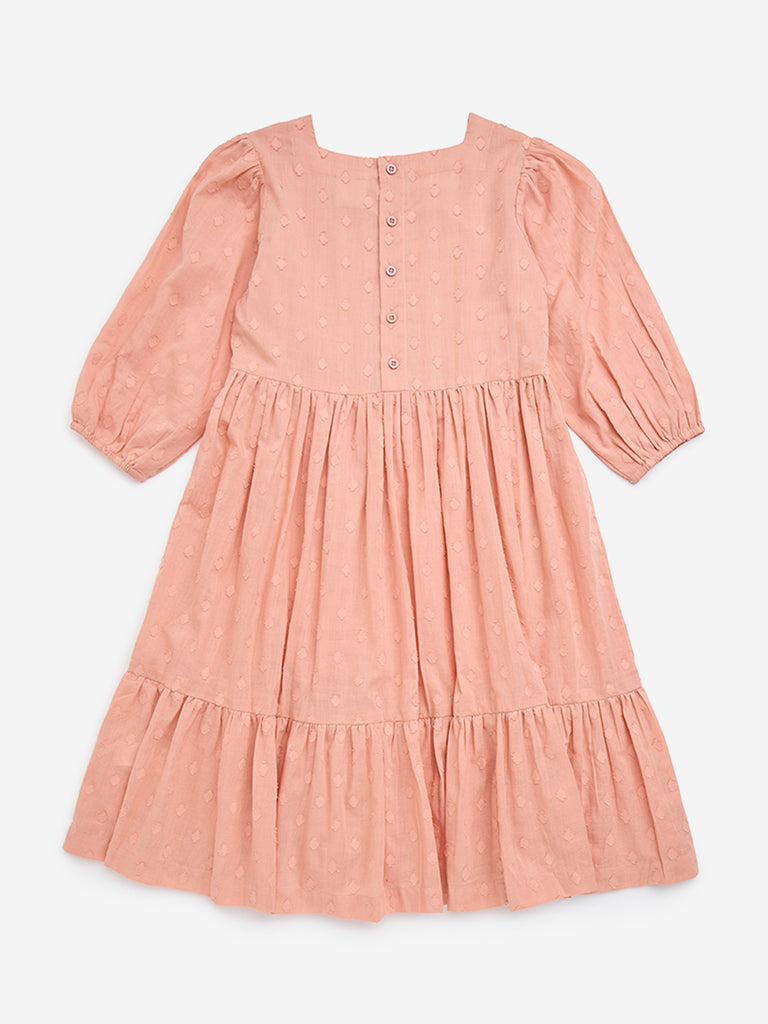 Utsa Kids Peach Embroidered Cotton-Blend A-Line Dress - (8-14yrs)