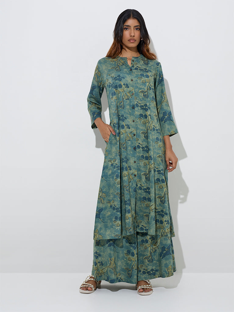 Utsa Teal Botanical Butta Design A-Line Kurta