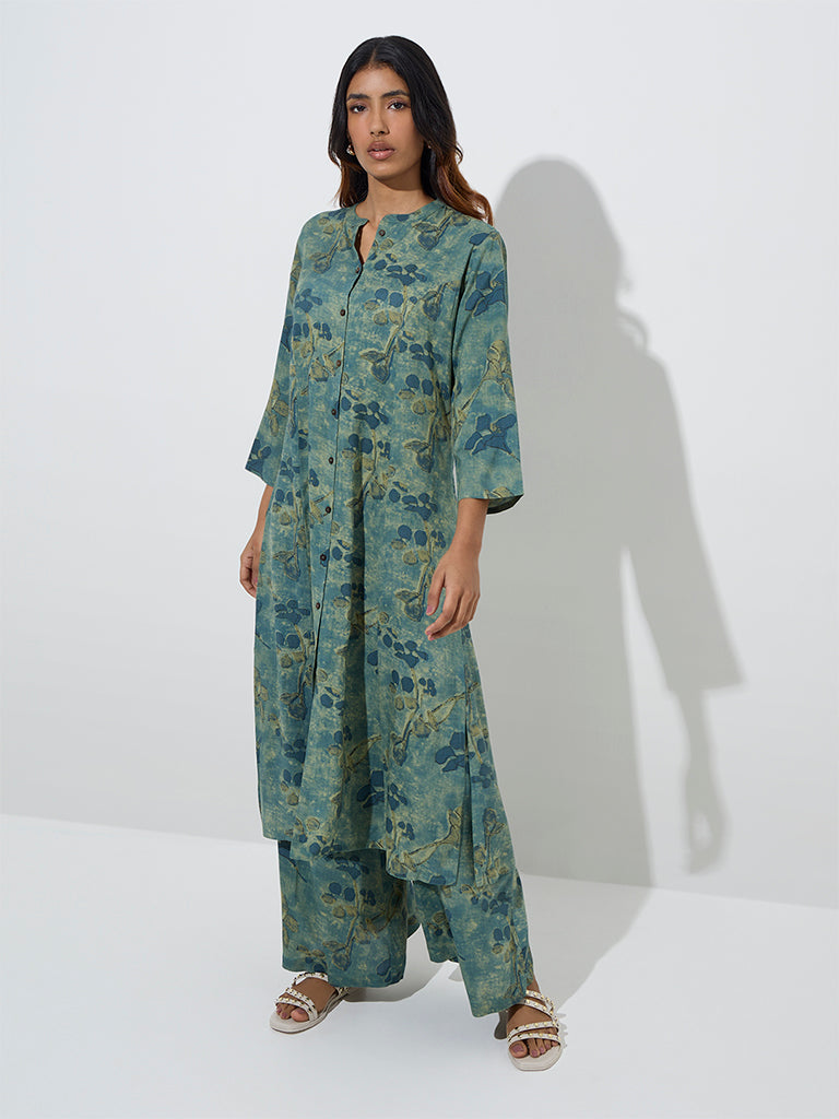 Utsa Teal Botanical Butta Design A-Line Kurta