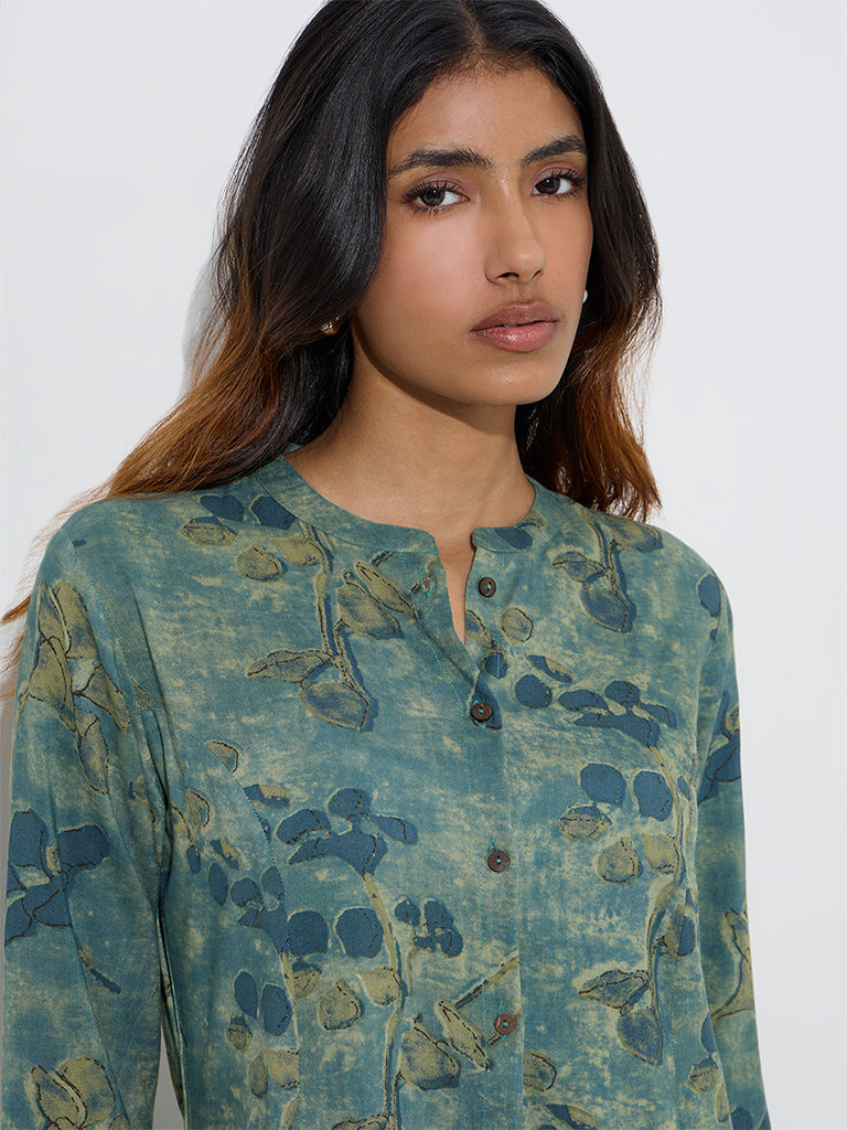 Utsa Teal Botanical Butta Design A-Line Kurta