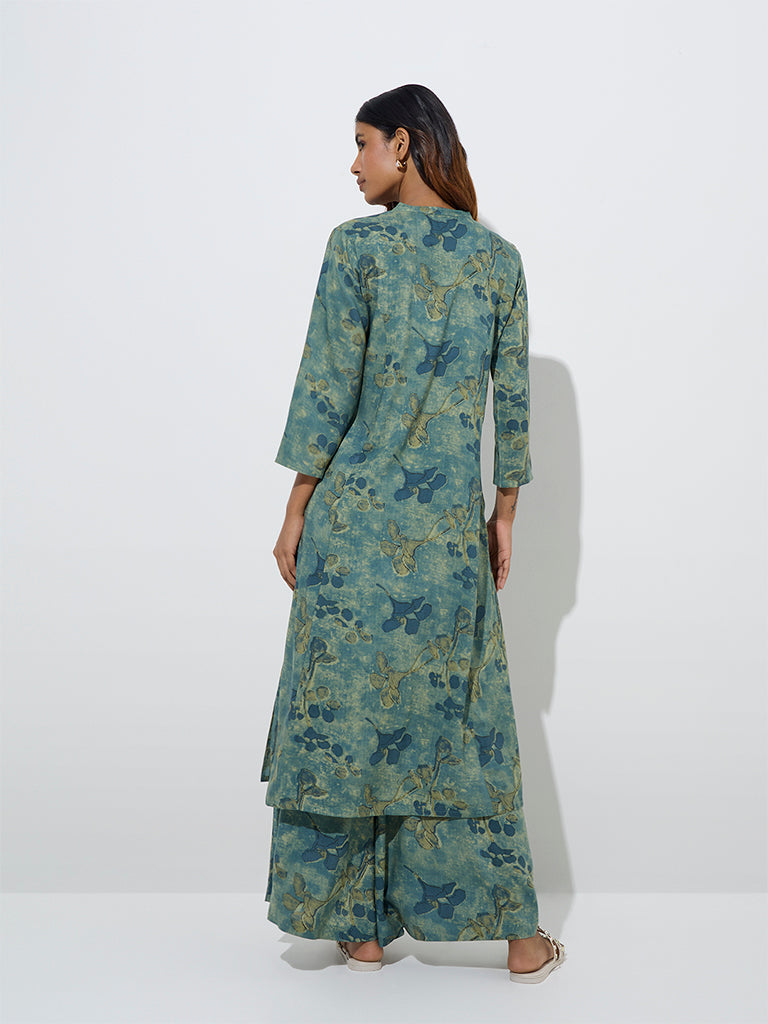 Utsa Teal Botanical Butta Design A-Line Kurta