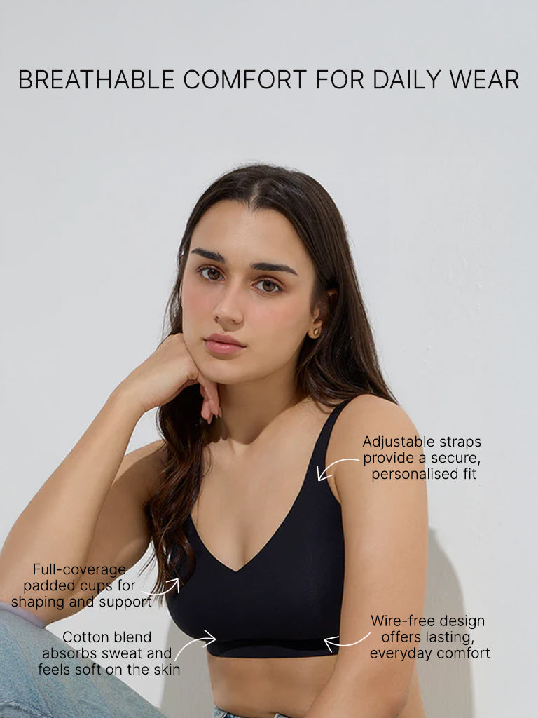 Westside Wunderlove Women's Black Cotton-Blend Padded Full Coverage Bra for Casual Wear Infographics