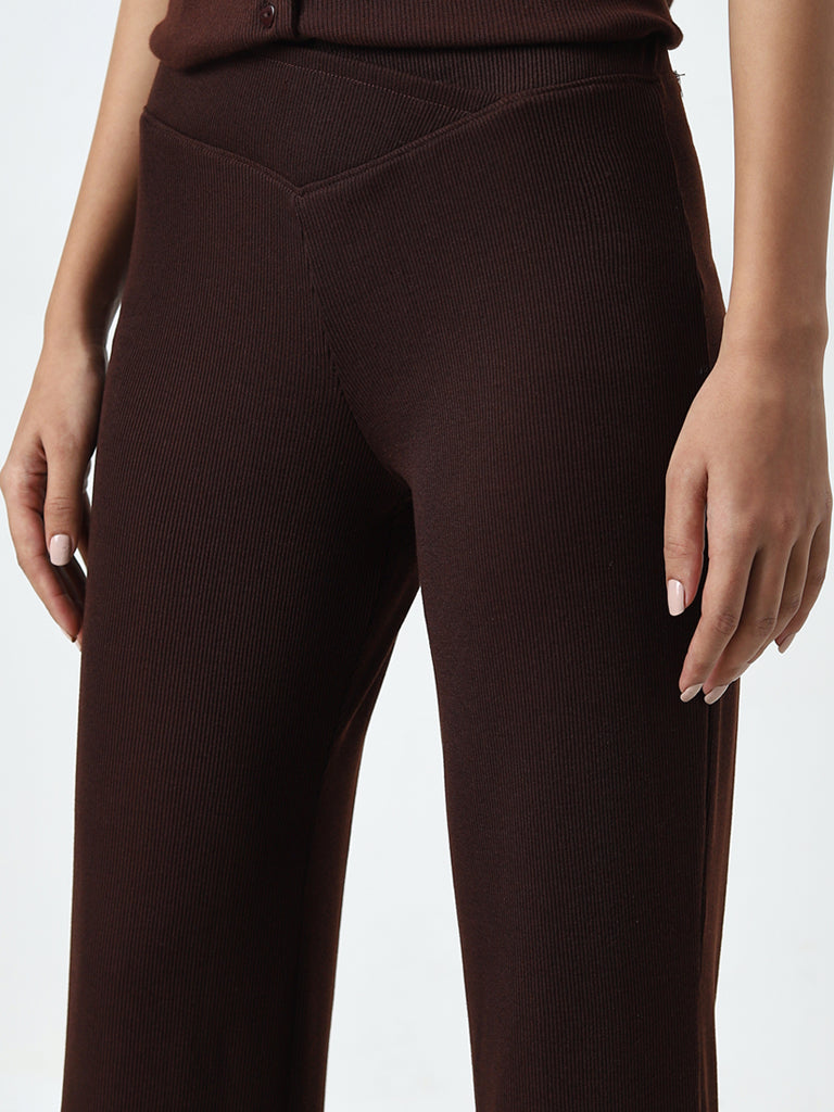 Superstar Dark Brown Ribbed Textured High-Rise Lounge Pants