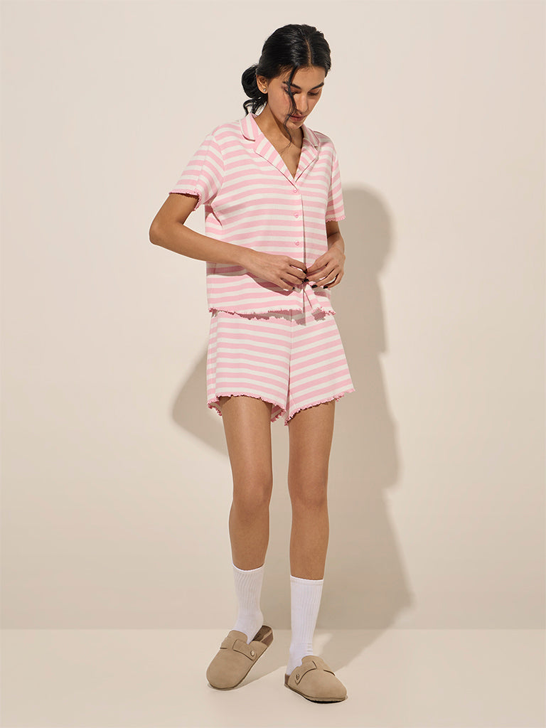 Superstar Light Pink Striped High-Rise Cotton-Blend Shorts