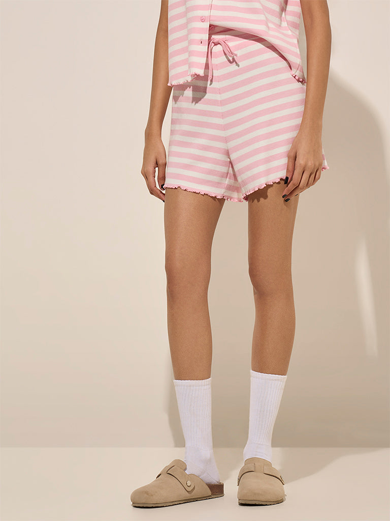 Superstar Light Pink Striped High-Rise Cotton-Blend Shorts