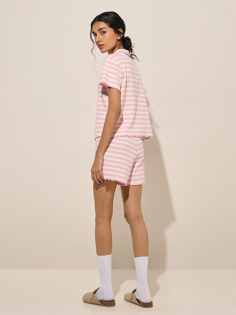 Superstar Light Pink Striped High-Rise Cotton-Blend Shorts