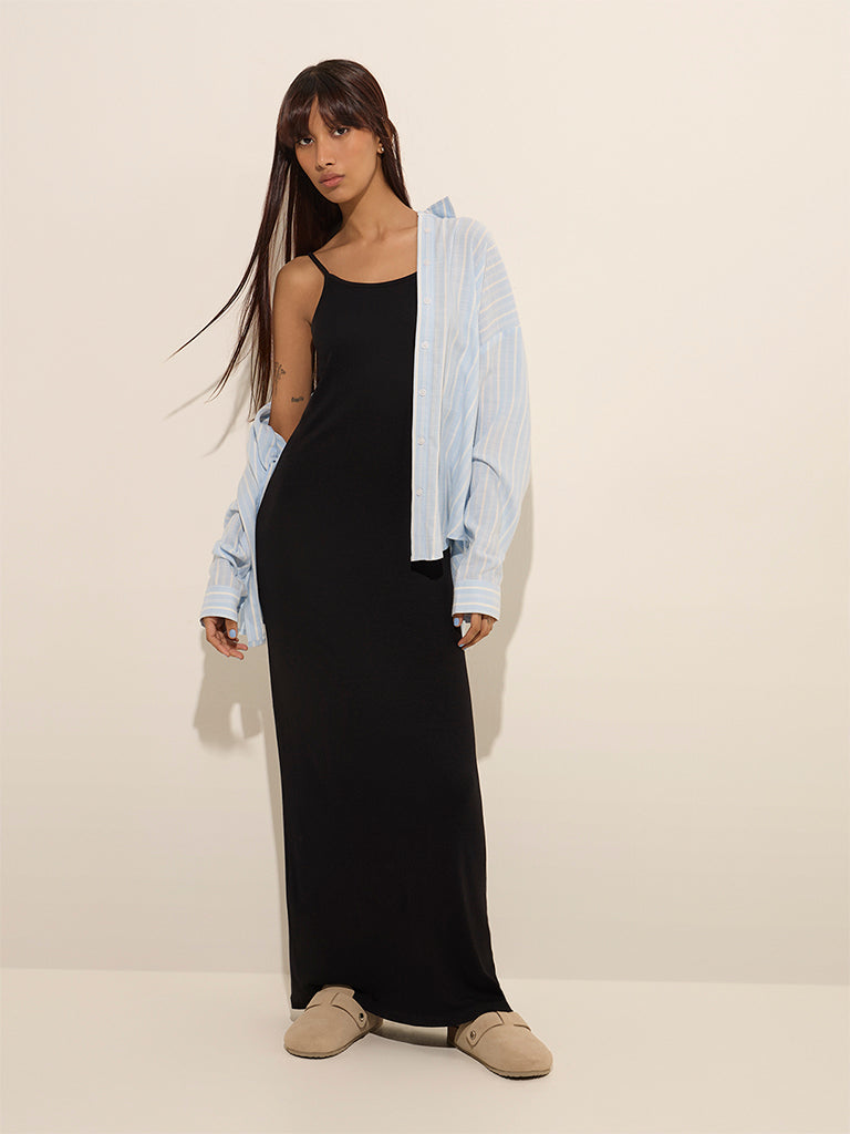 Superstar Black Ribbed Textured Straight Dress