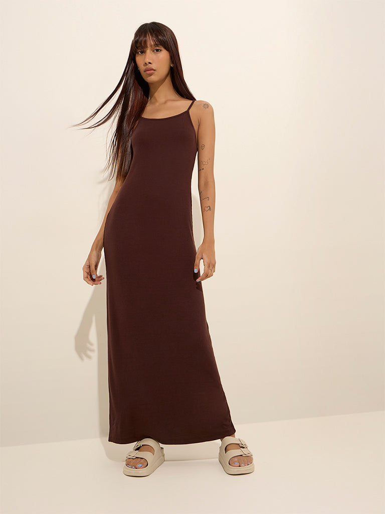 Superstar Brown Ribbed Textured Straight Dress