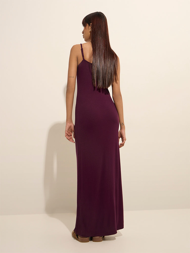 Superstar Wine Ribbed Textured Straight Dress