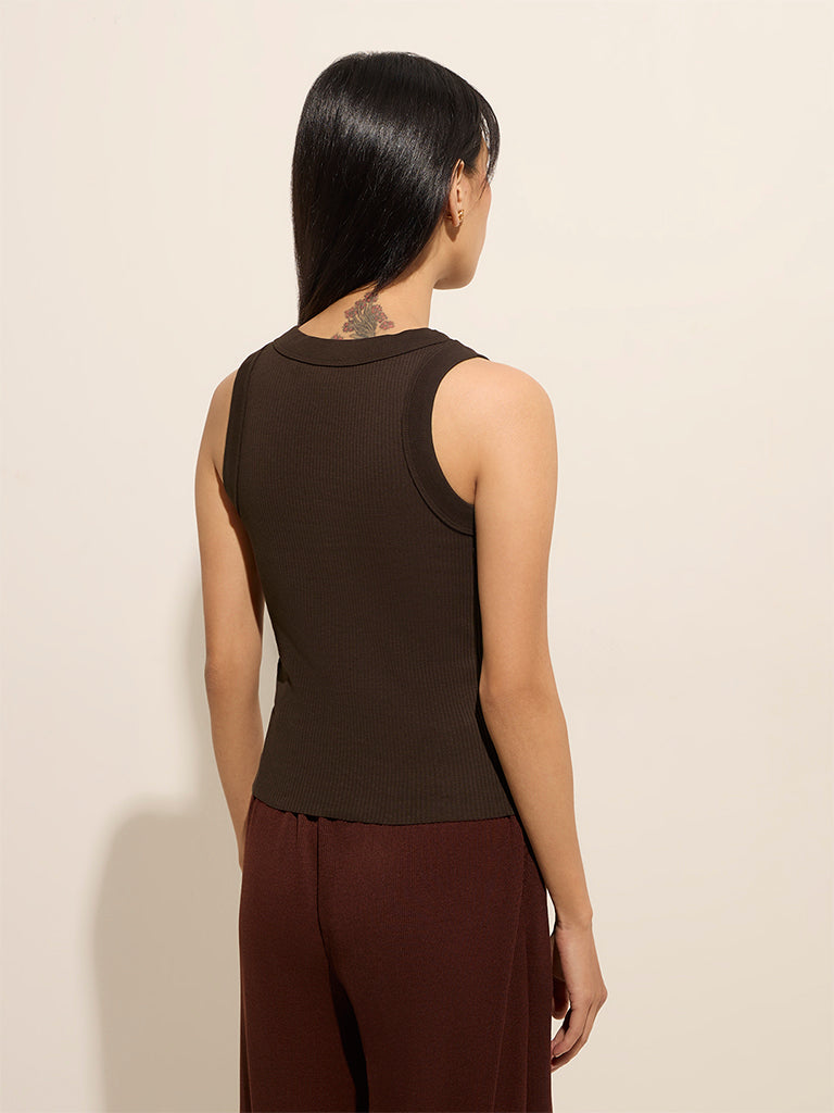 Superstar Brown Ribbed Textured Cotton Blend Tank Top