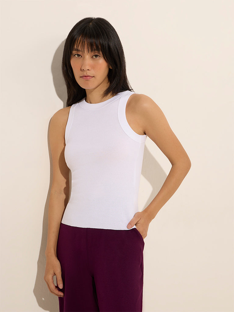 Superstar White Ribbed Textured Cotton-Blend Tank Top