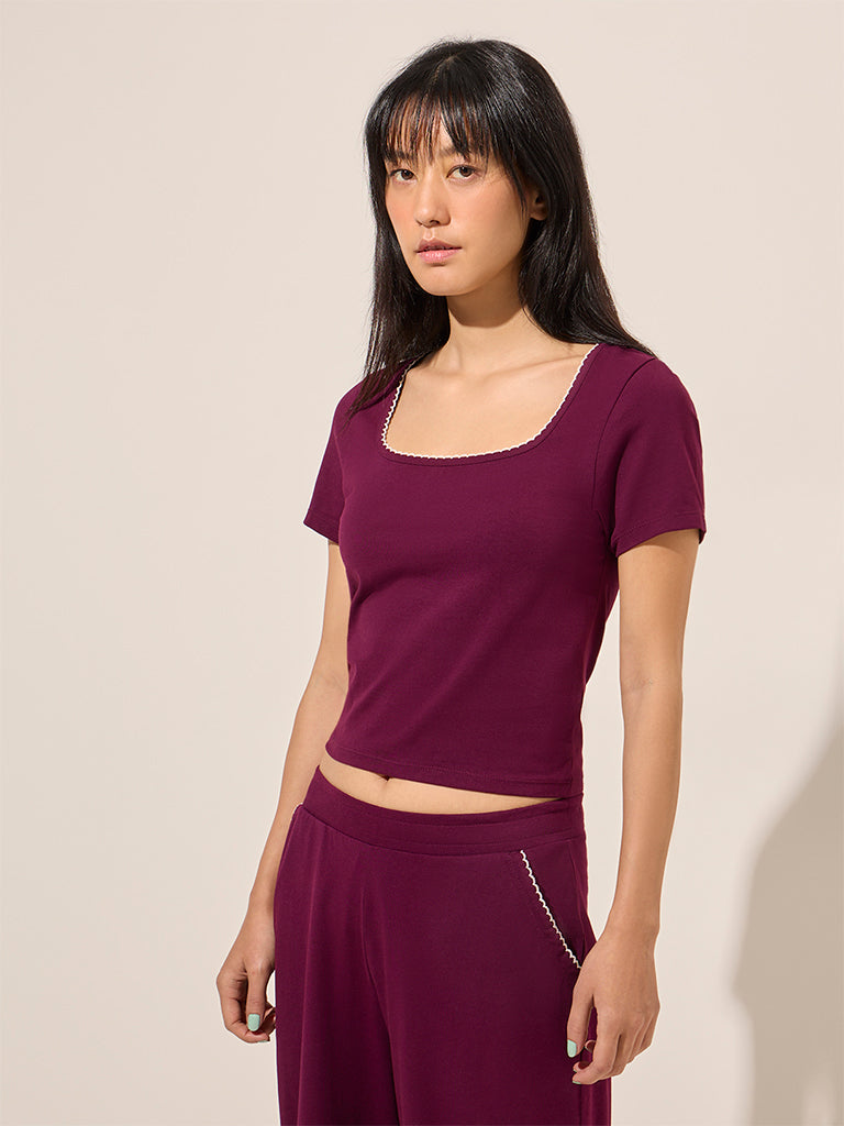 Superstar Purple Scallop-Detailed Cotton Top