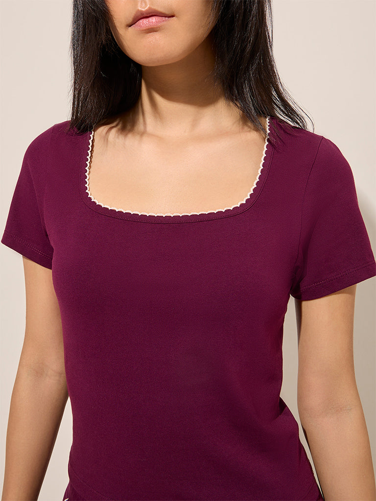 Superstar Purple Scallop-Detailed Cotton Top