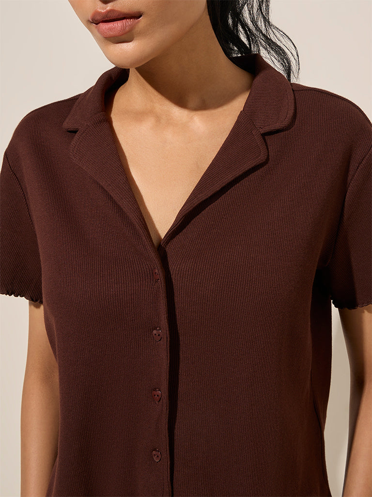 Superstar Dark Brown Ribbed-Textured Cotton-Blend Shirt