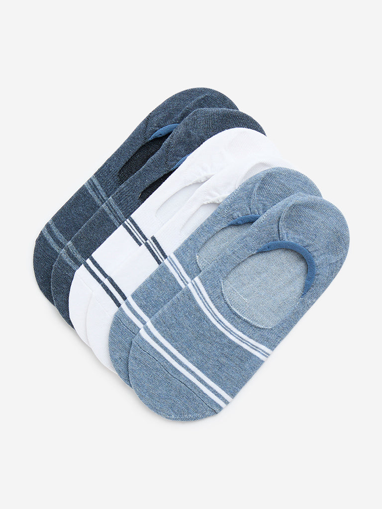 WES Lounge Blue Striped Invisible Cotton-Blend Socks - Pack of 3