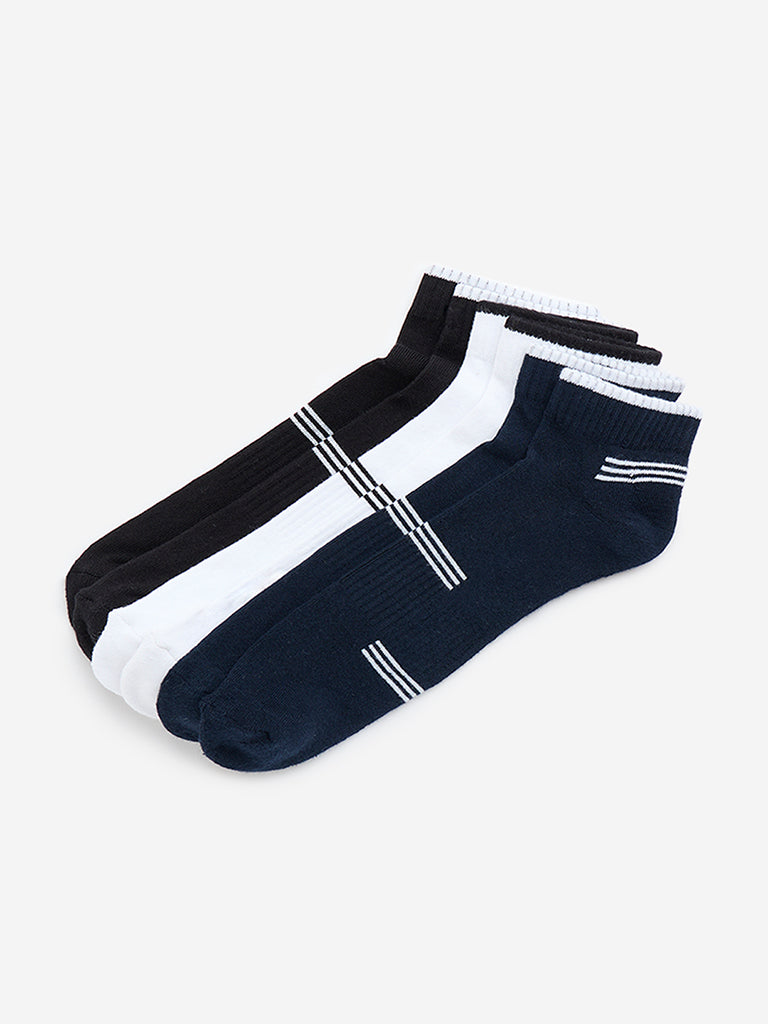 WES Lounge White Striped Ankle Length Cotton-Blend Socks - Pack of 3