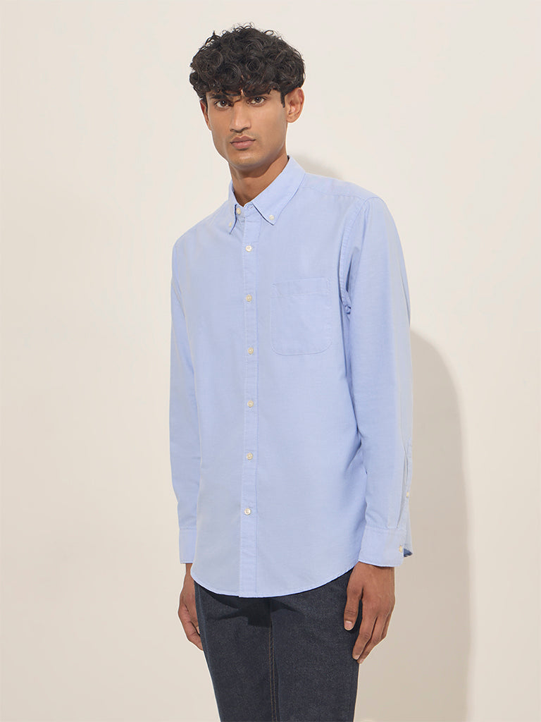 WES Casuals Light Blue Relaxed-Fit Cotton Blend Shirt