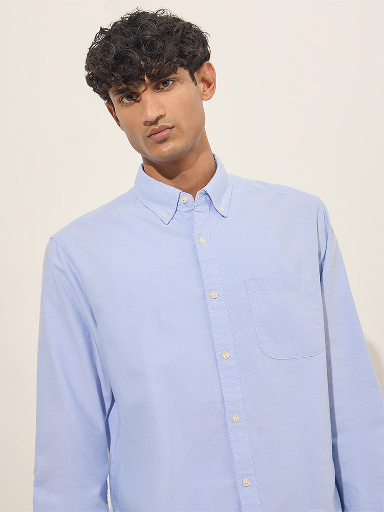 WES Casuals Light Blue Relaxed-Fit Cotton Blend Shirt