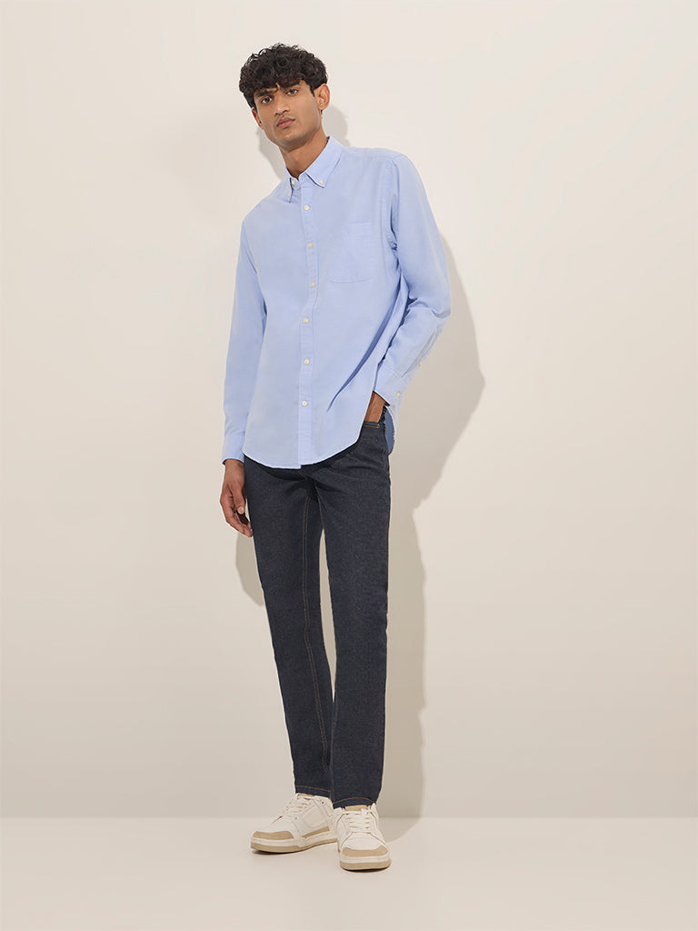 WES Casuals Light Blue Relaxed-Fit Cotton Blend Shirt