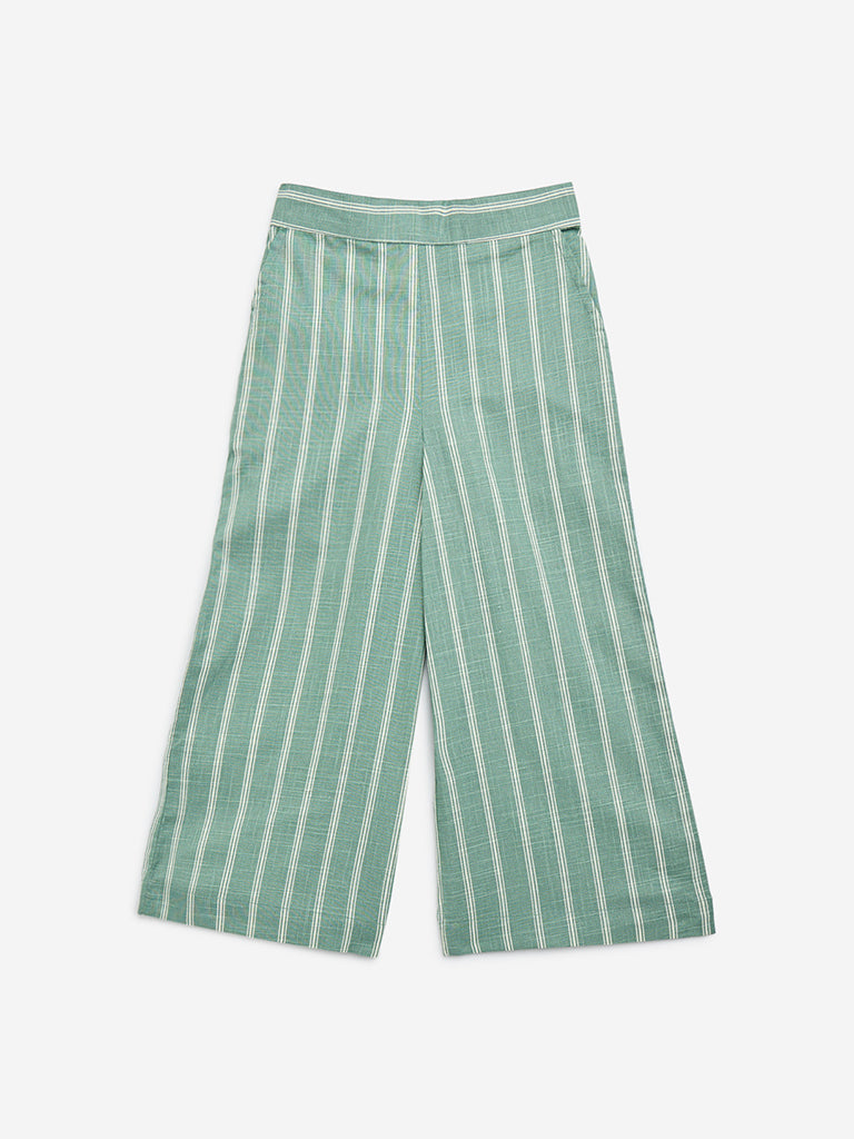 Utsa Kids Sea Green Striped High-Rise Cotton-Blend Palazzos - (2-8yrs)