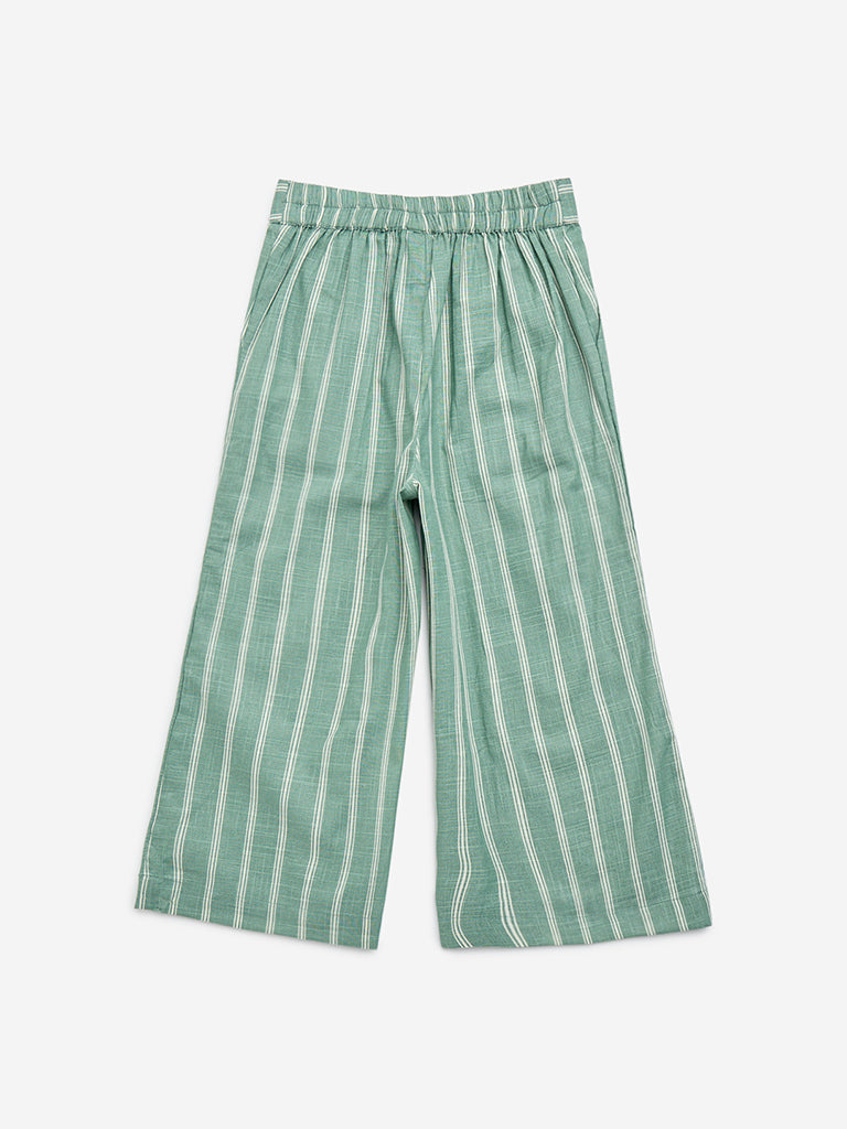 Utsa Kids Sea Green Striped High-Rise Cotton-Blend Palazzos - (2-8yrs)