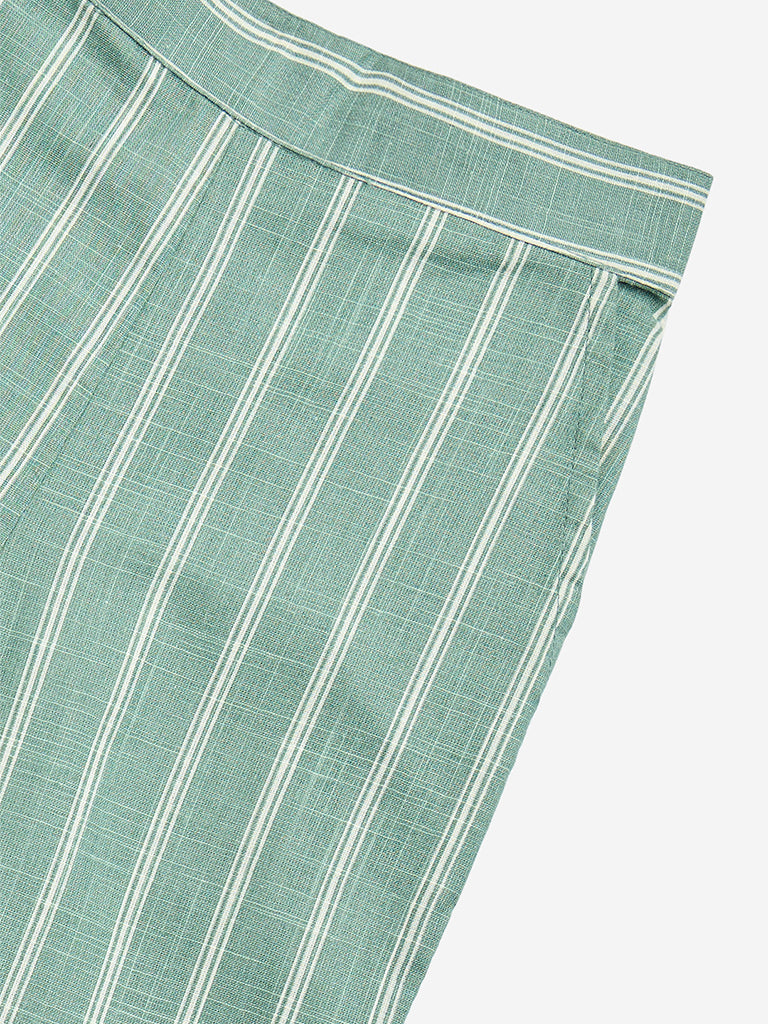 Utsa Kids Sea Green Striped High-Rise Cotton-Blend Palazzos - (2-8yrs)