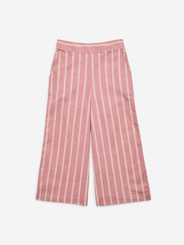 Utsa Kids Pink Striped High-Rise Cotton-Blend Palazzos - (2-8yrs)