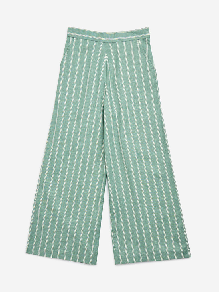 Utsa Kids Sea Green Striped High-Rise Cotton-Blend Palazzos - (8-14yrs)