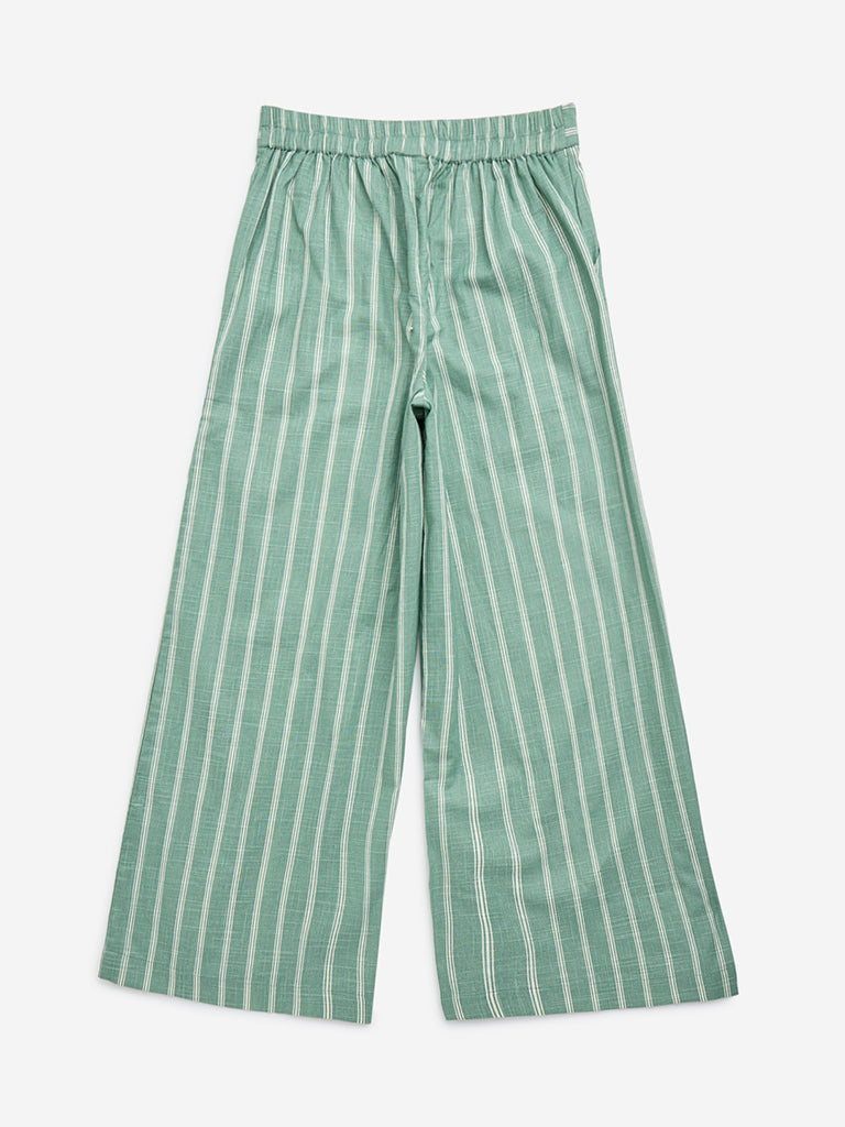 Utsa Kids Sea Green Striped High-Rise Cotton-Blend Palazzos - (8-14yrs)