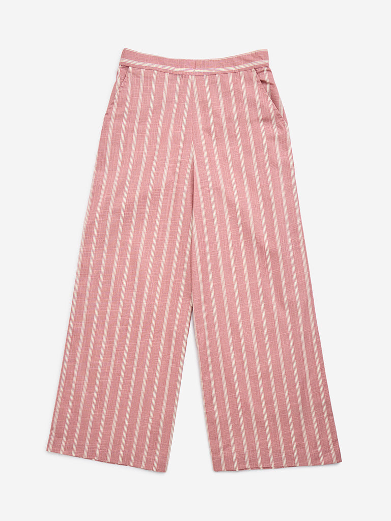 Utsa Kids Pink Striped High-Rise Cotton-Blend Palazzos - (8-14yrs)