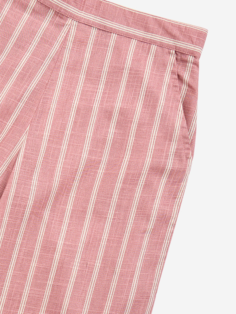 Utsa Kids Pink Striped High-Rise Cotton-Blend Palazzos - (8-14yrs)