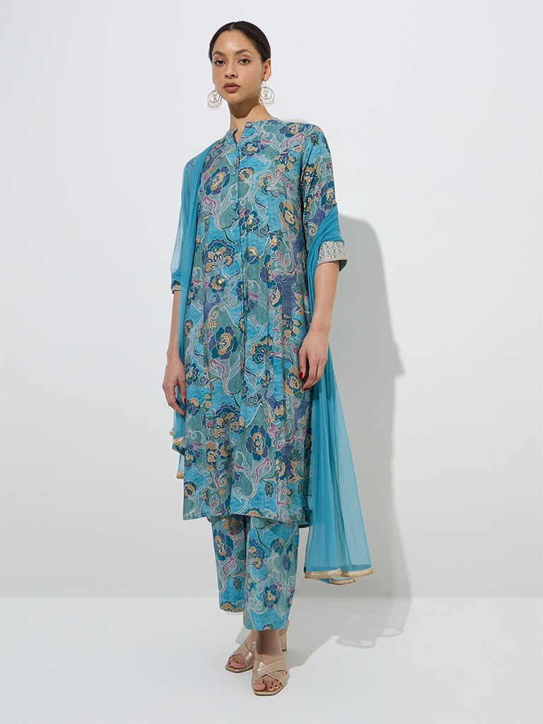 Vark Blue Botanical A-Line Kurta, Palazzos and Dupatta Set