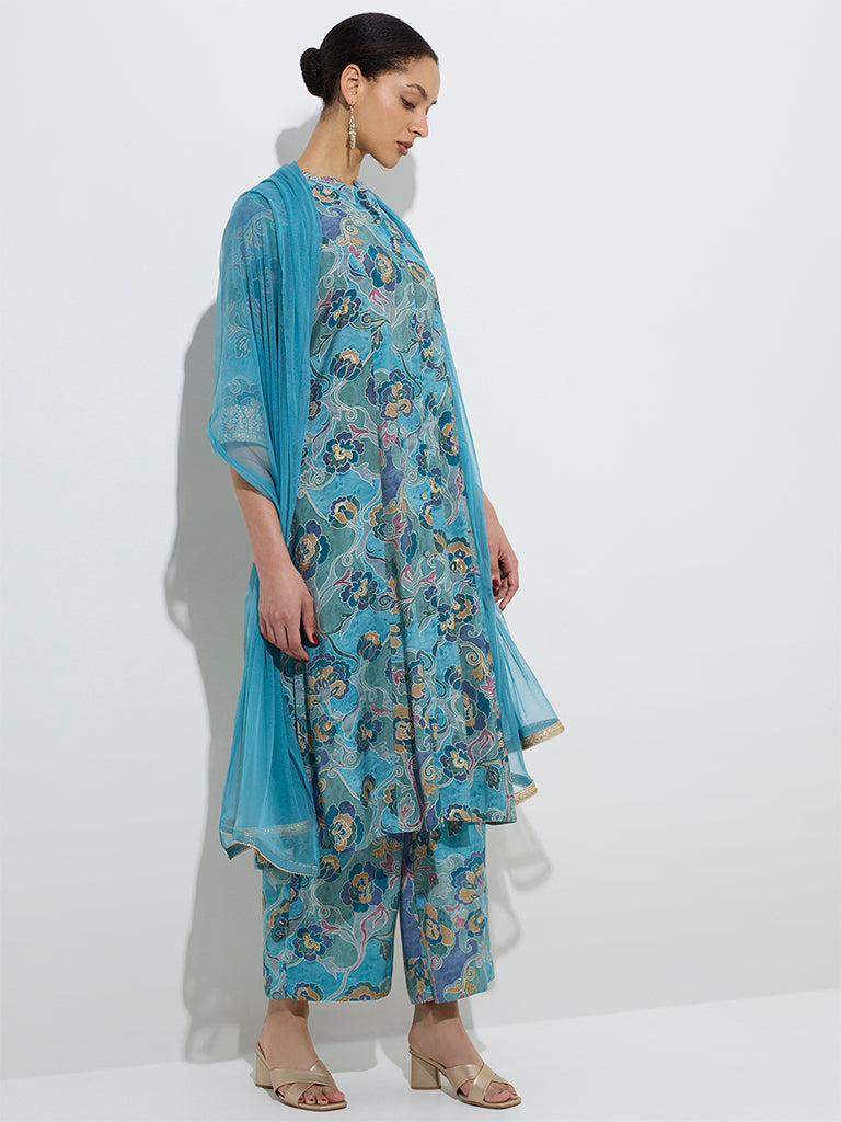 Vark Blue Botanical A-Line Kurta, Palazzos and Dupatta Set