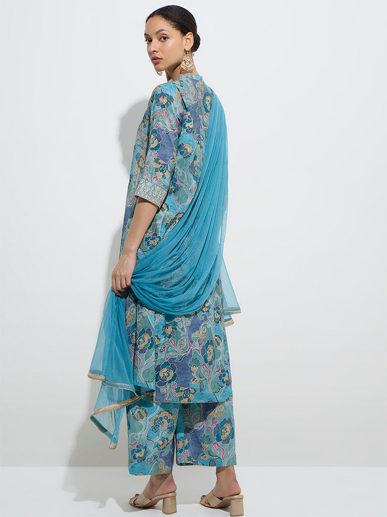 Vark Blue Botanical A-Line Kurta, Palazzos and Dupatta Set