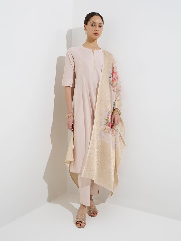 Vark Beige Kurta with Pants and Floral Dupatta Set