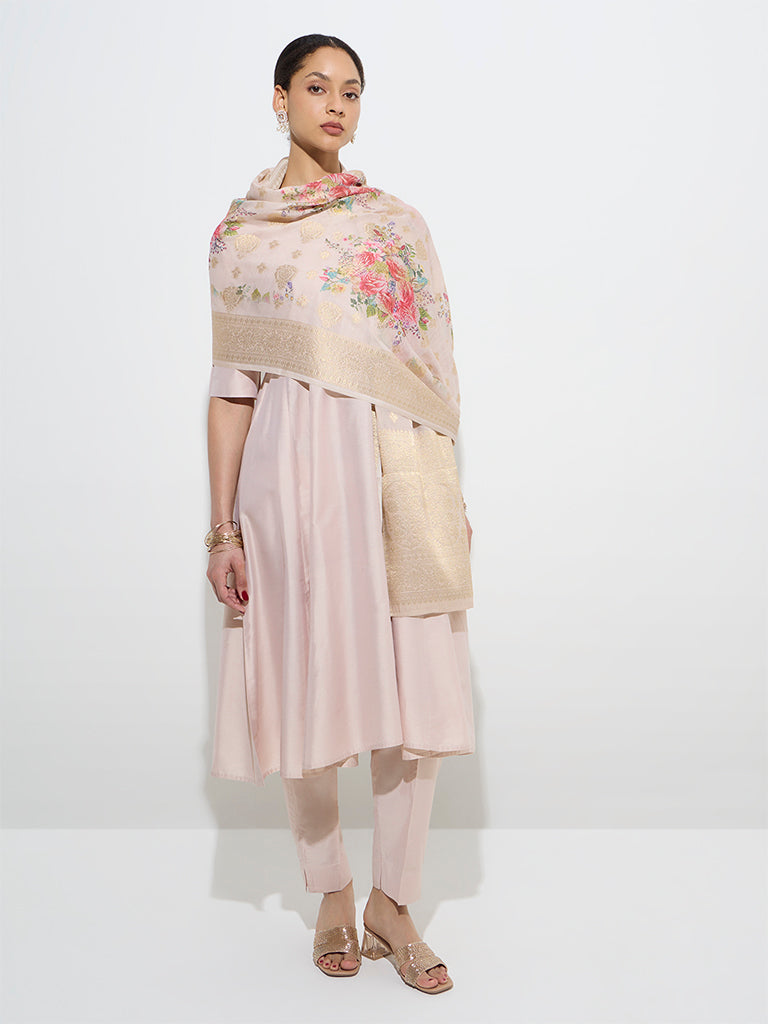 Vark Beige Kurta with Pants and Floral Dupatta Set