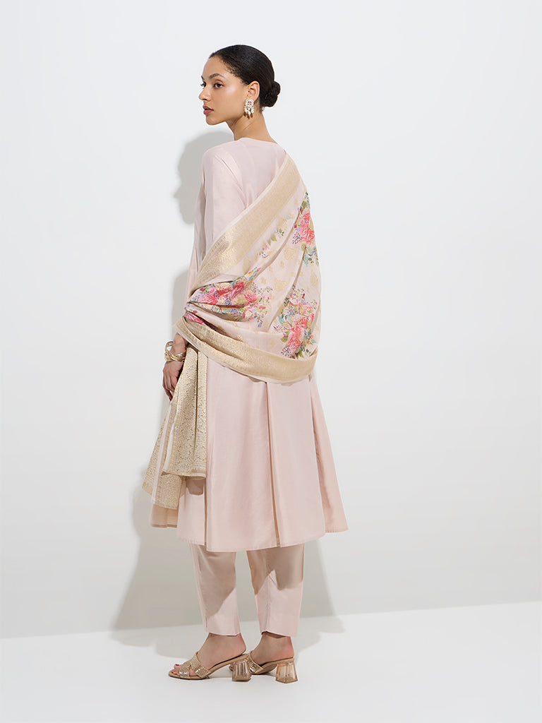 Vark Beige Kurta with Pants and Floral Dupatta Set