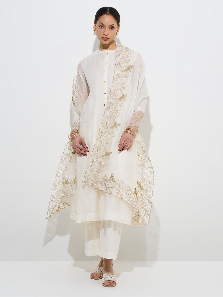 Vark White Cotton-Blend Kurta, Pants and Organza Dupatta Set