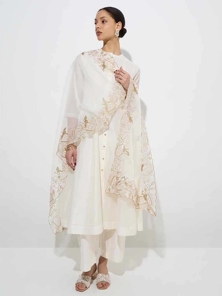 Vark White Cotton-Blend Kurta, Pants and Organza Dupatta Set