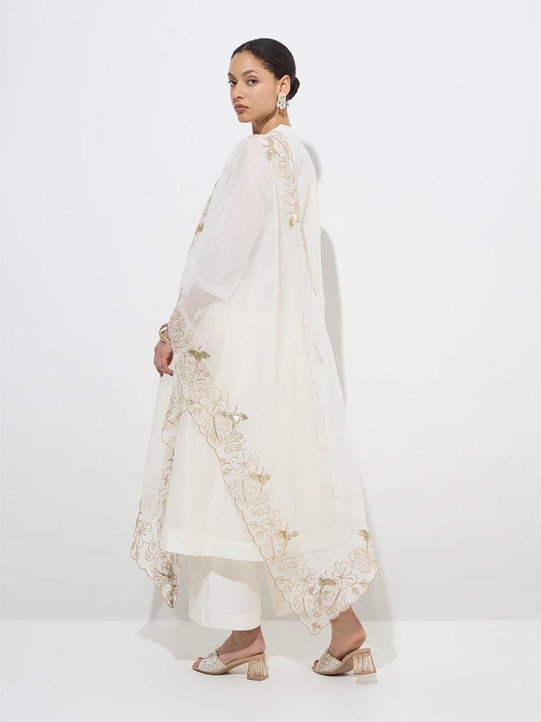 Vark White Cotton-Blend Kurta, Pants and Organza Dupatta Set