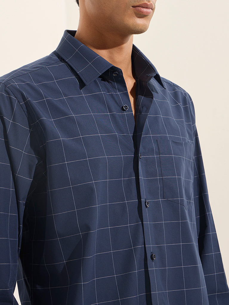 WES Formals Navy Checkered Slim-Fit Cotton Shirt