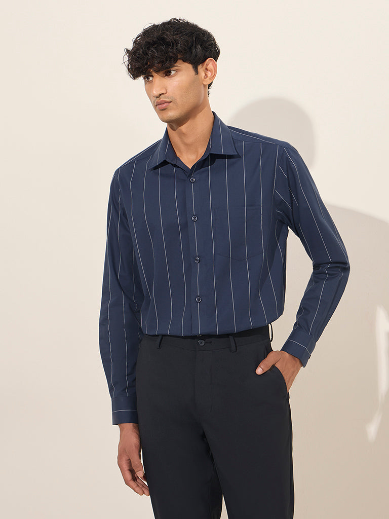 WES Formals Navy Striped Relaxed-Fit Cotton Shirt