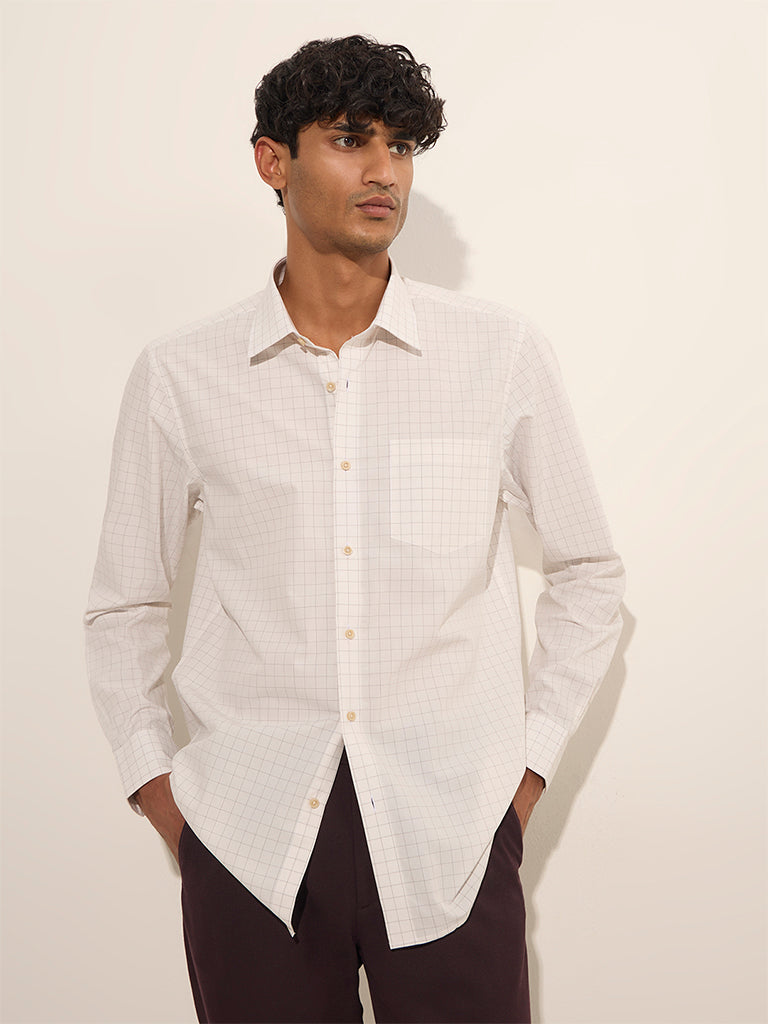 WES Formals Off-White Checkered Slim-Fit Cotton Shirt