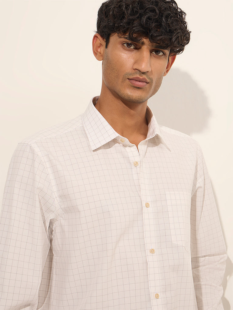 WES Formals Off-White Checkered Slim-Fit Cotton Shirt