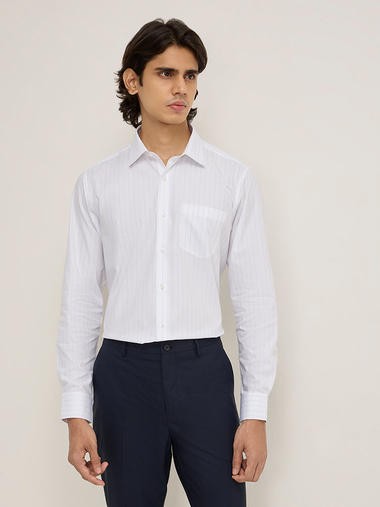 WES Formals White Stripe Printed Slim-Fit Cotton Shirt