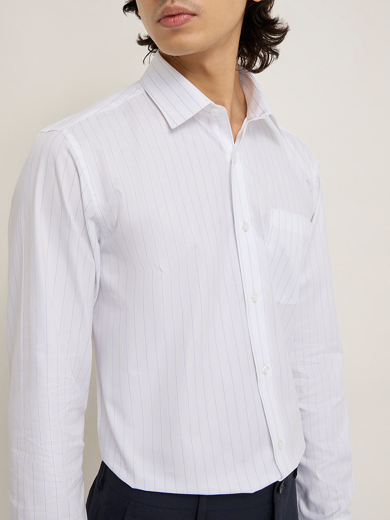 WES Formals White Stripe Printed Slim-Fit Cotton Shirt