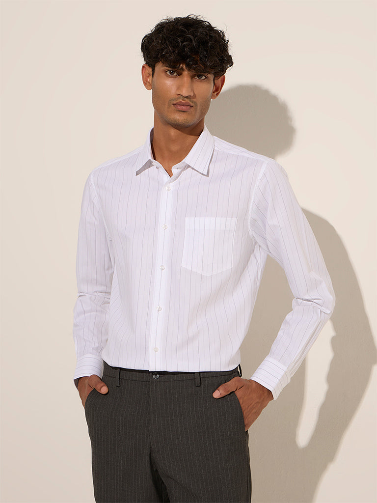 WES Formals White Striped Slim-Fit Cotton Shirt